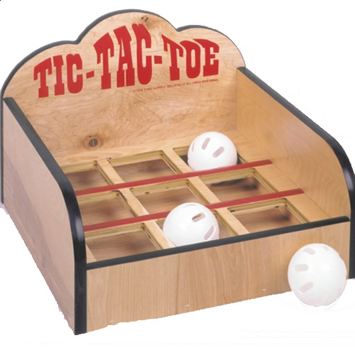 A wooden tic-tac-toe game with two balls in it