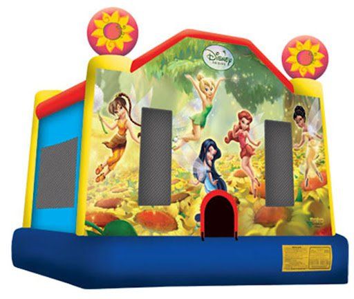 A bouncy house with disney fairies on it