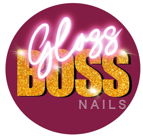 Gloss Boss Nails logo: Gold glitter letters on purple circle, neon pink cursive