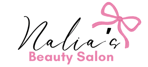 Nalia’s Beauty Salon logo in black and pink script with a pink bow icon