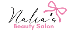 Nalia’s Beauty Salon logo in black and pink script with a pink bow icon