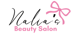 Nalia’s Beauty Salon logo in black and pink script with a pink bow icon