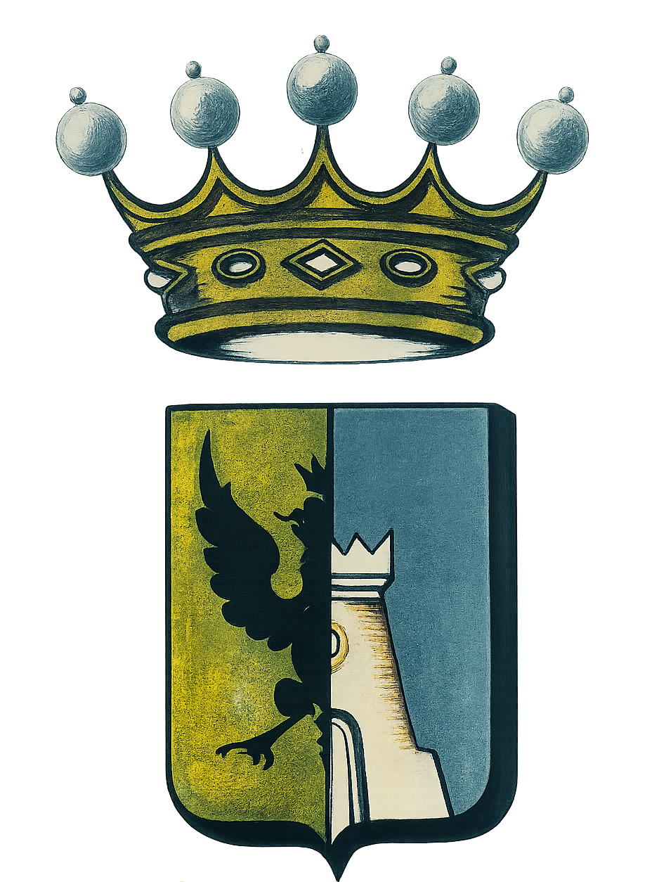 Stemma: scudo giallo e blu con un uccello nero e una torre bianca, coronato, con la scritta 
