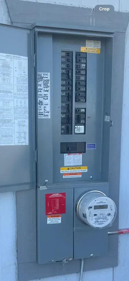 A gray electrical box with a meter attached to it.
