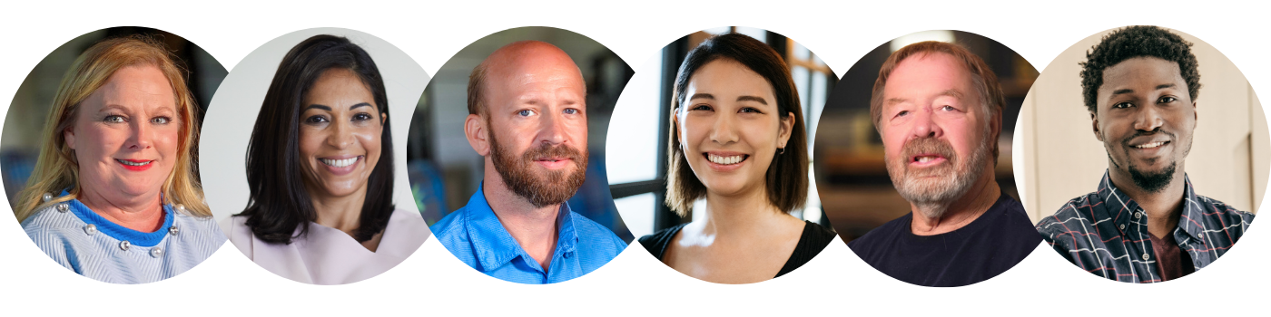 Five smiling people in circular frames, side by side.