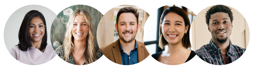Five diverse people smiling in circular frames, likely a team or group portrait.