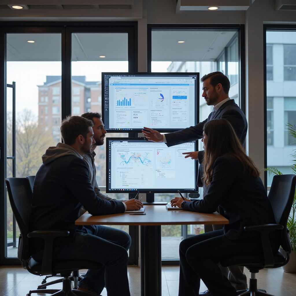 Four people in office setting reviewing data on computer screens.
