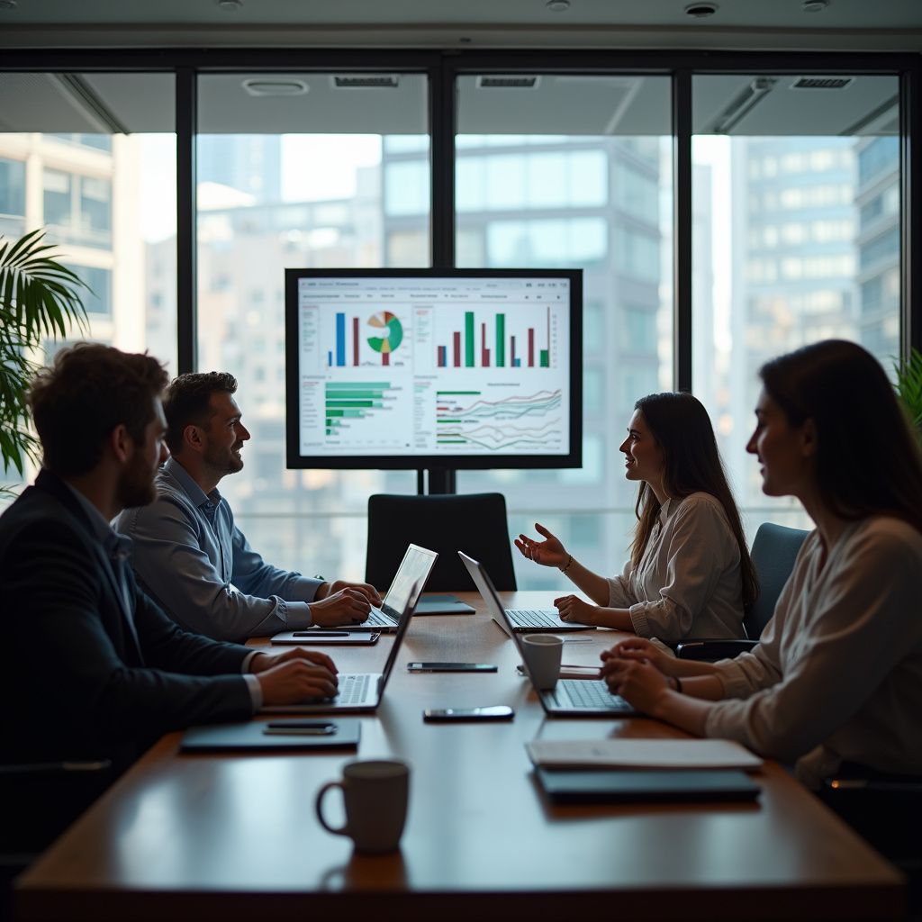 Business meeting around a table, looking at financial charts on a screen. Modern office setting.