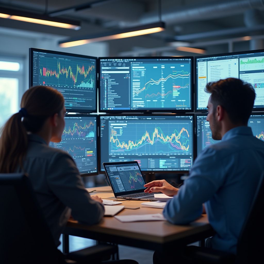 Two people analyzing stock market data on multiple computer screens in an office.