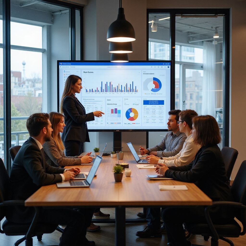 Business presentation in an office; woman points at screen, colleagues with laptops.