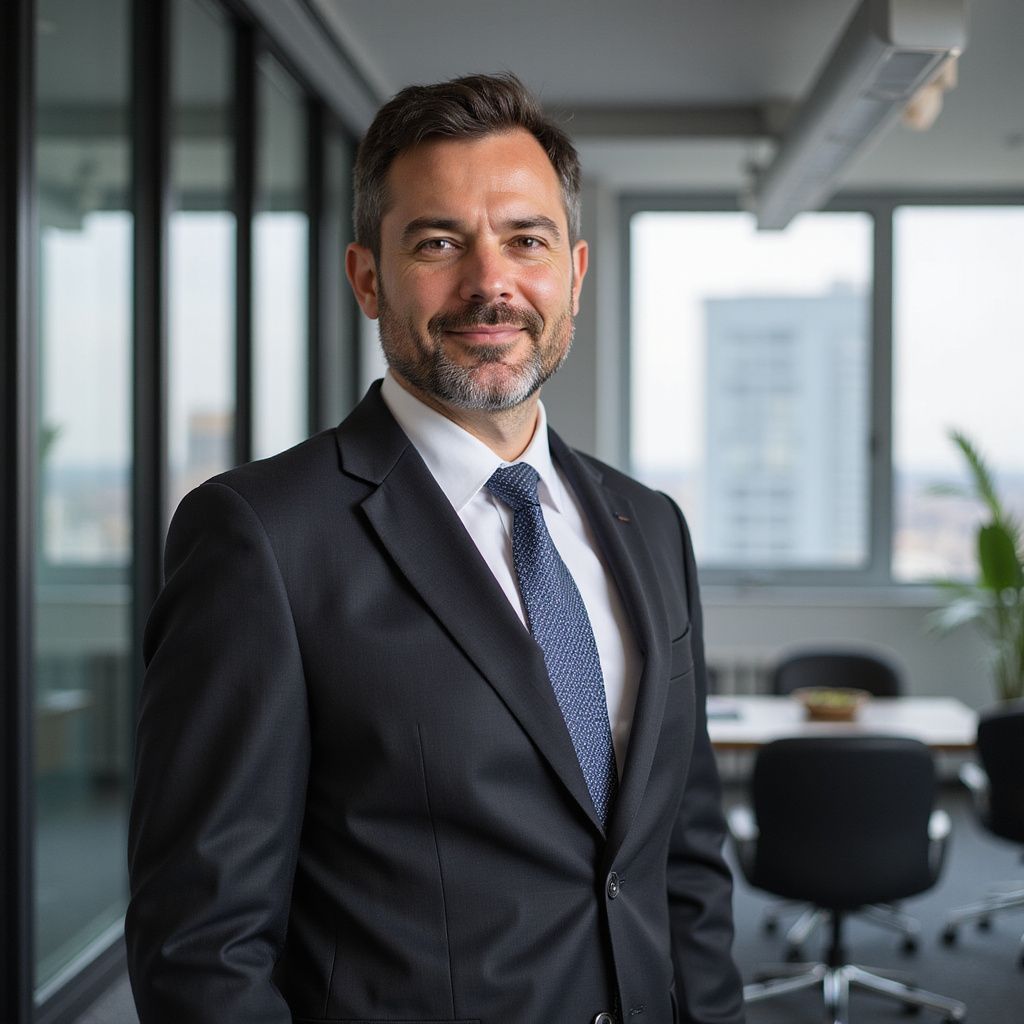 Man in a suit smiles in an office, likely a business professional.