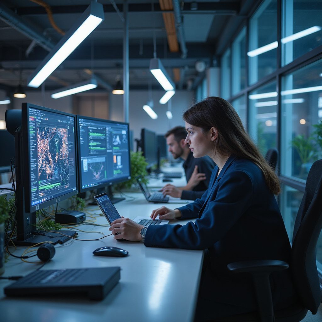 Woman working at a computer in a modern office, focused on data visualization displayed on dual monitors.