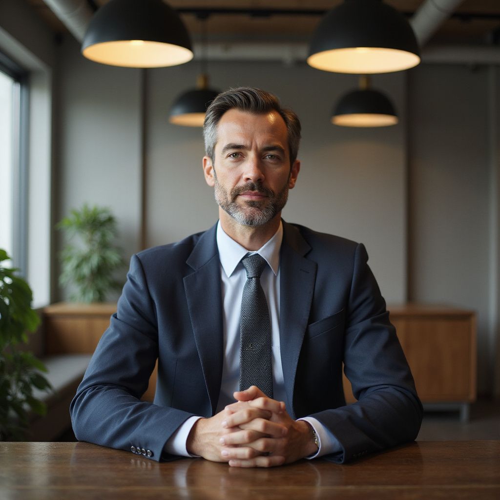 Man in a suit at a table, hands clasped. He looks at the viewer in a modern office.