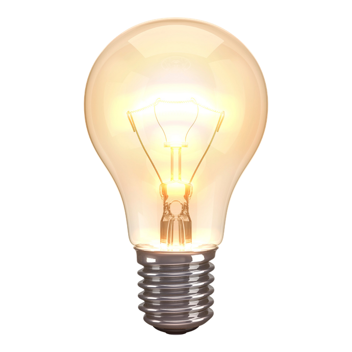 Lit incandescent light bulb.