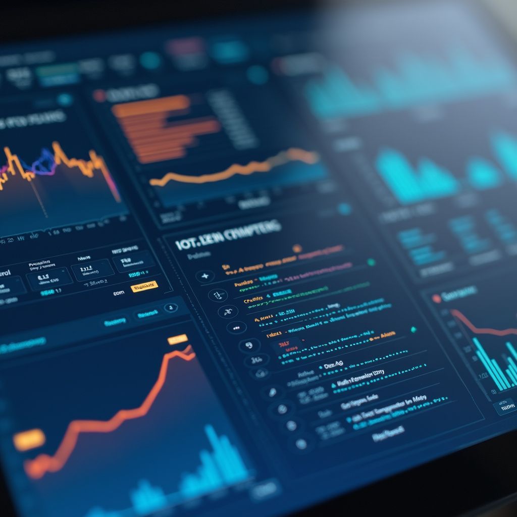 A digital screen displaying financial data visualizations with colorful charts and graphs.