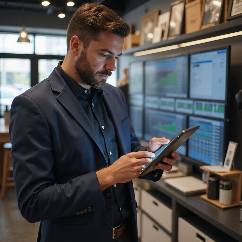 Man in suit looking at tablet in front of monitors displaying graphs, likely a trading or analysis environment.