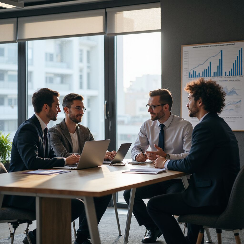 Four people in business attire at a table, discussing work. Laptop and papers present. Charts in the background.