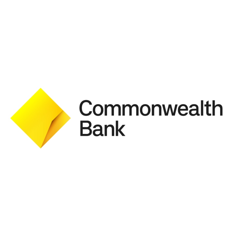 Commonwealth Bank logo, yellow diamond with a folded corner and black text.