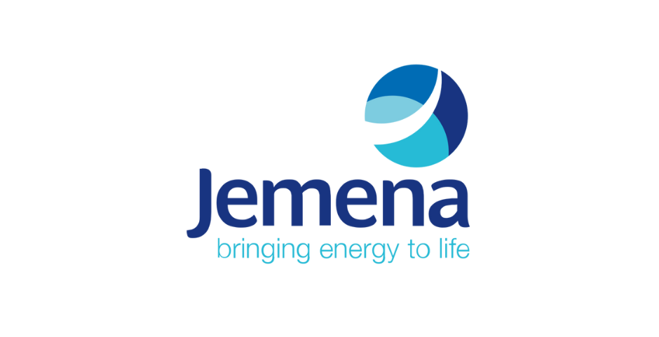 Jemena logo: blue text and a circular design of layered blue shapes.