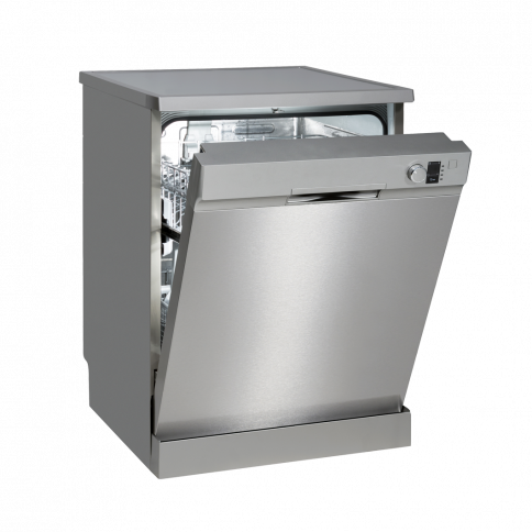 A stainless steel dishwasher with the door open on a white background.