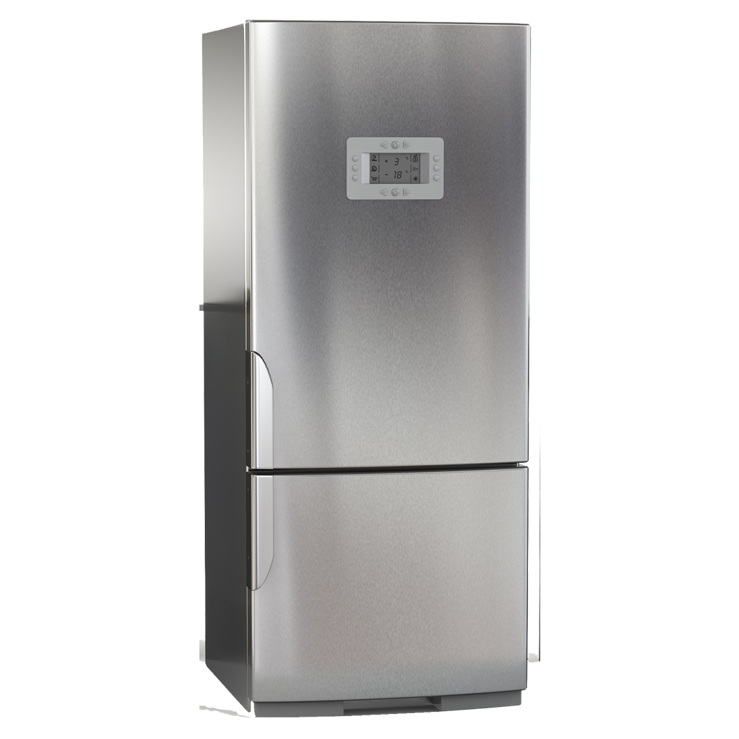 A stainless steel refrigerator with a digital display on the front