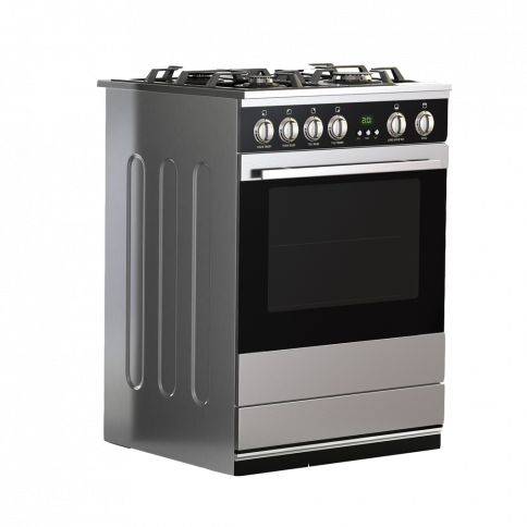 A stainless steel stove with a black oven on a white background