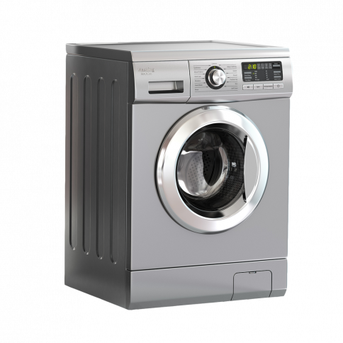 A gray washing machine with the door open on a white background.