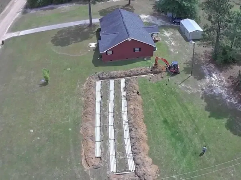 An aerial view of a house being built on a lush green field.