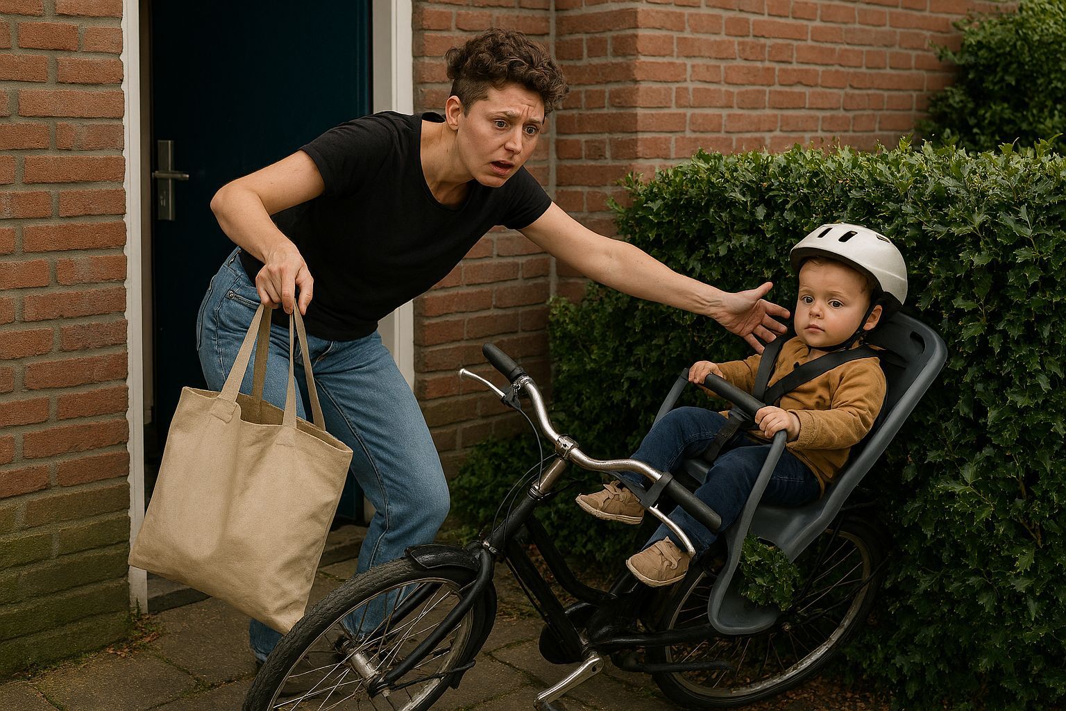 Moederschap is aanmodderen. Hele kind in de heg met hulst op het paadje bij de buren.  