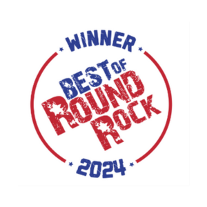 A red white and blue logo that says winner best of round rock 2024
