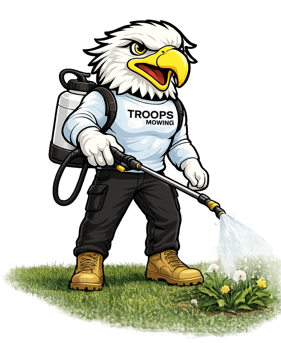 Mascot spraying weed control on grass