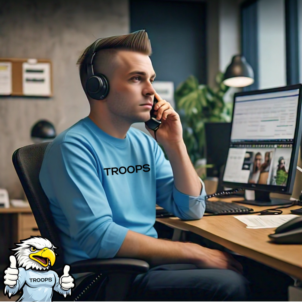 A man wearing a blue shirt that says troops is sitting in front of a computer