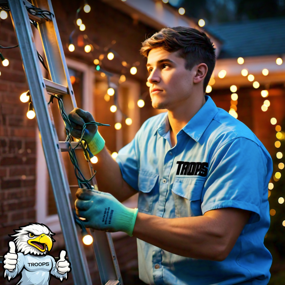 A man in a troops shirt is working on a ladder