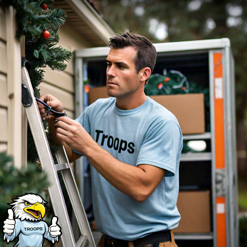 A man in a troops shirt decorates a christmas tree