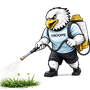 Mascot spraying on grass.