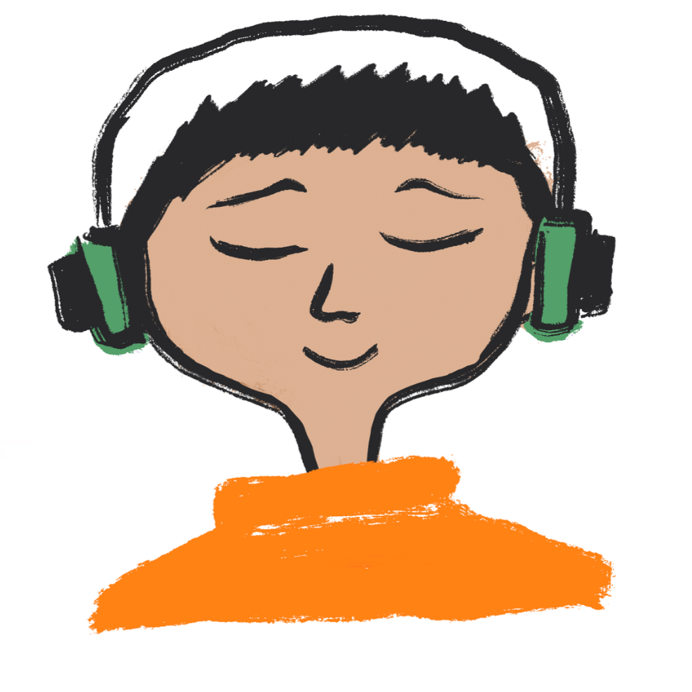 A drawing of a person wearing headphones with their eyes closed