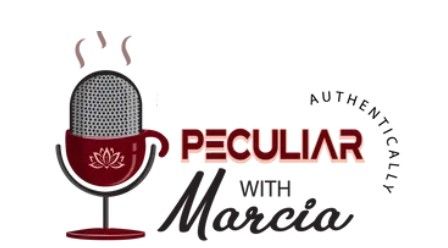A logo for pecular with marcia with a microphone and a cup of coffee
