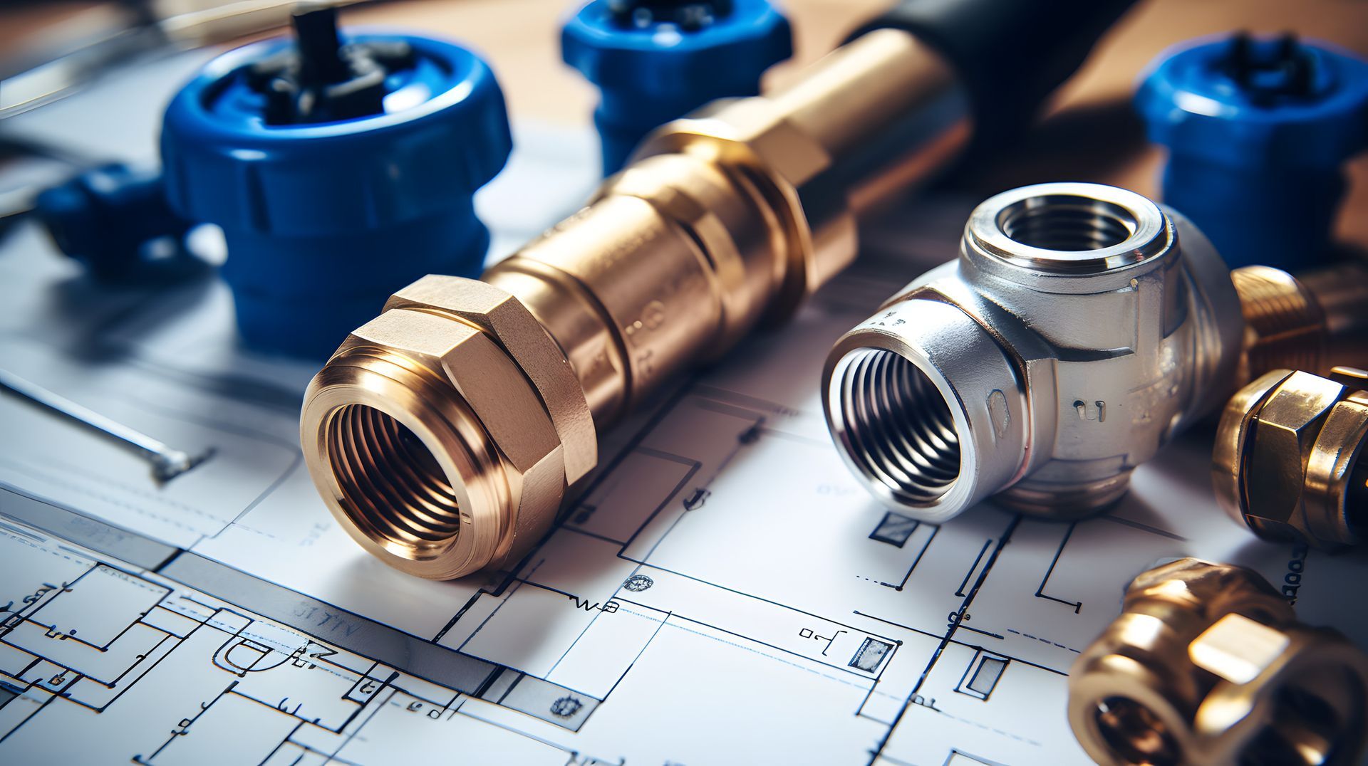 Plumbing components, including brass and chrome fittings and blue valve handles, are laid out on a technical blueprint.