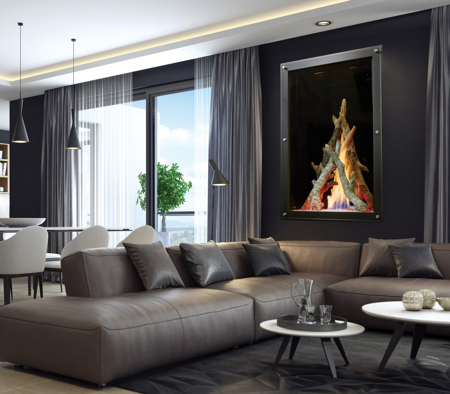 Modern living room with fireplace, brown sectional sofa, black walls, and two white coffee tables.