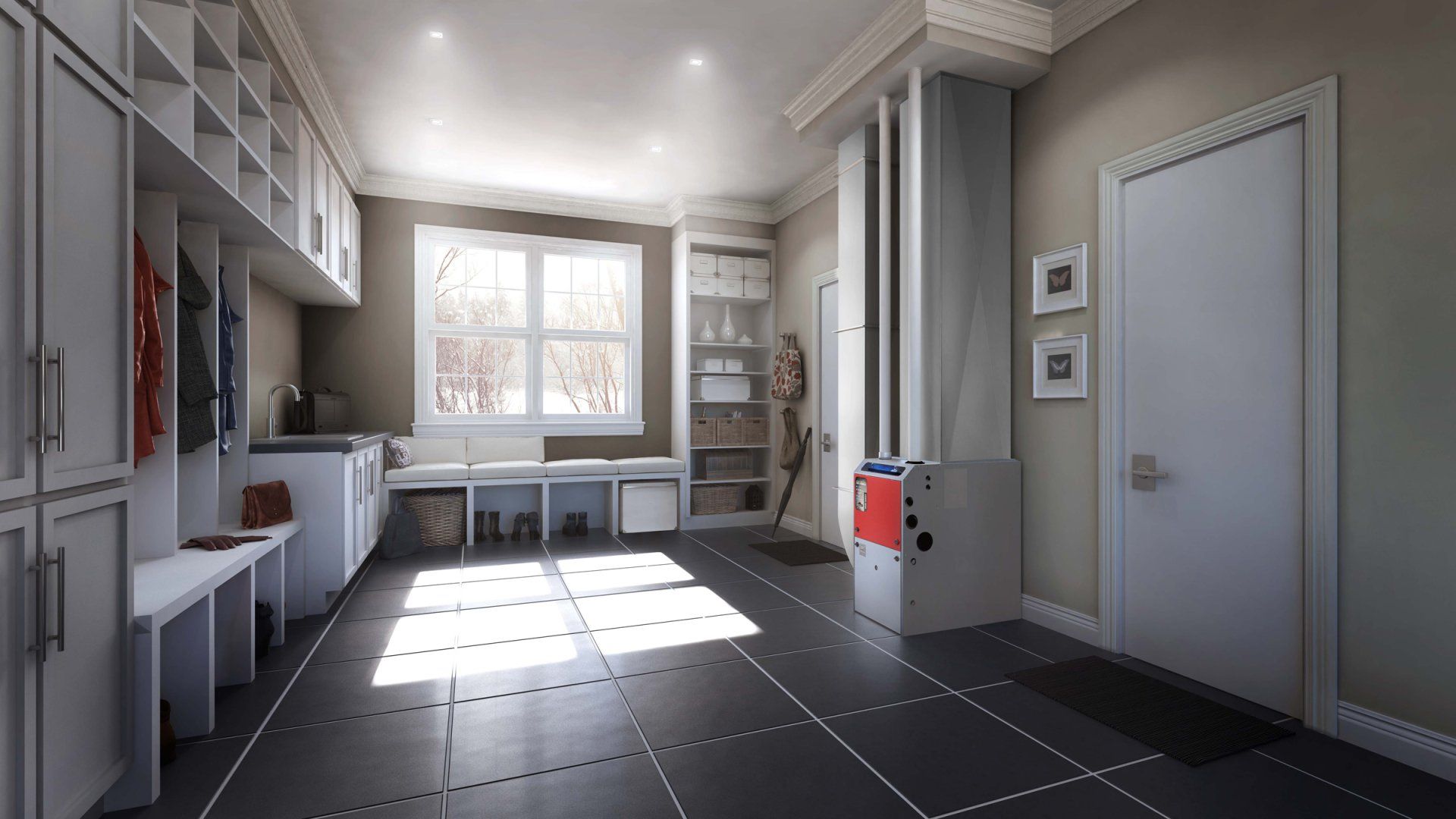 Laundry room with white cabinets, large window, and dark tiled floor.