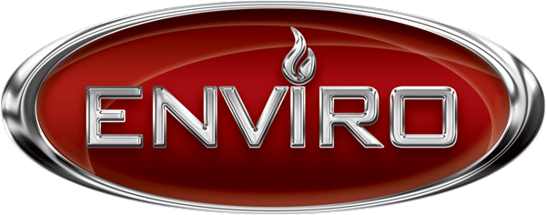 Logo for Enviro, silver text and flame on red background within a chrome oval.