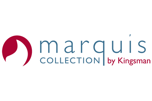 Logo for Marquis Collection by Kingsman; red and white abstract design, blue text.