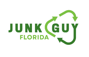 a logo for junk guy florida with green arrows