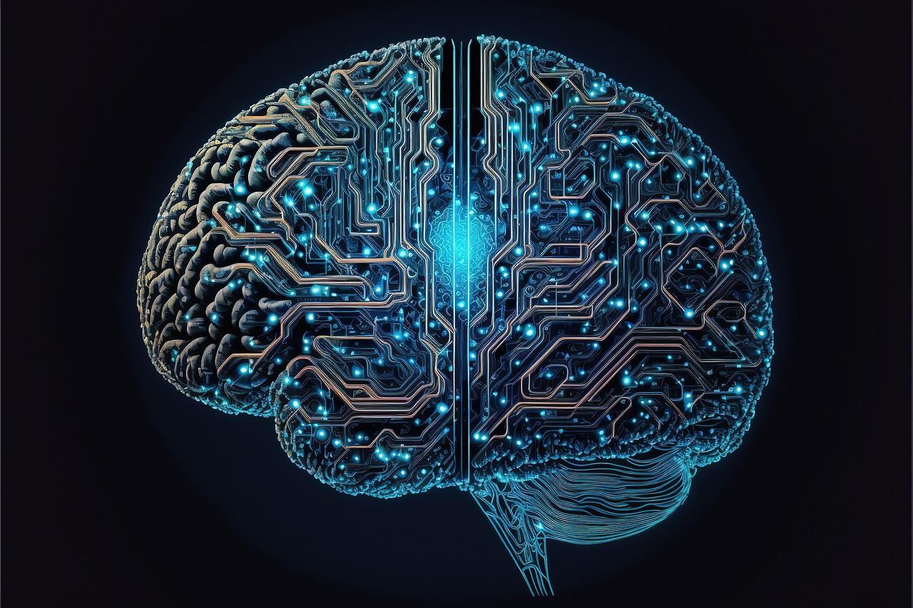 A computer generated image of a human brain made of circuit boards.