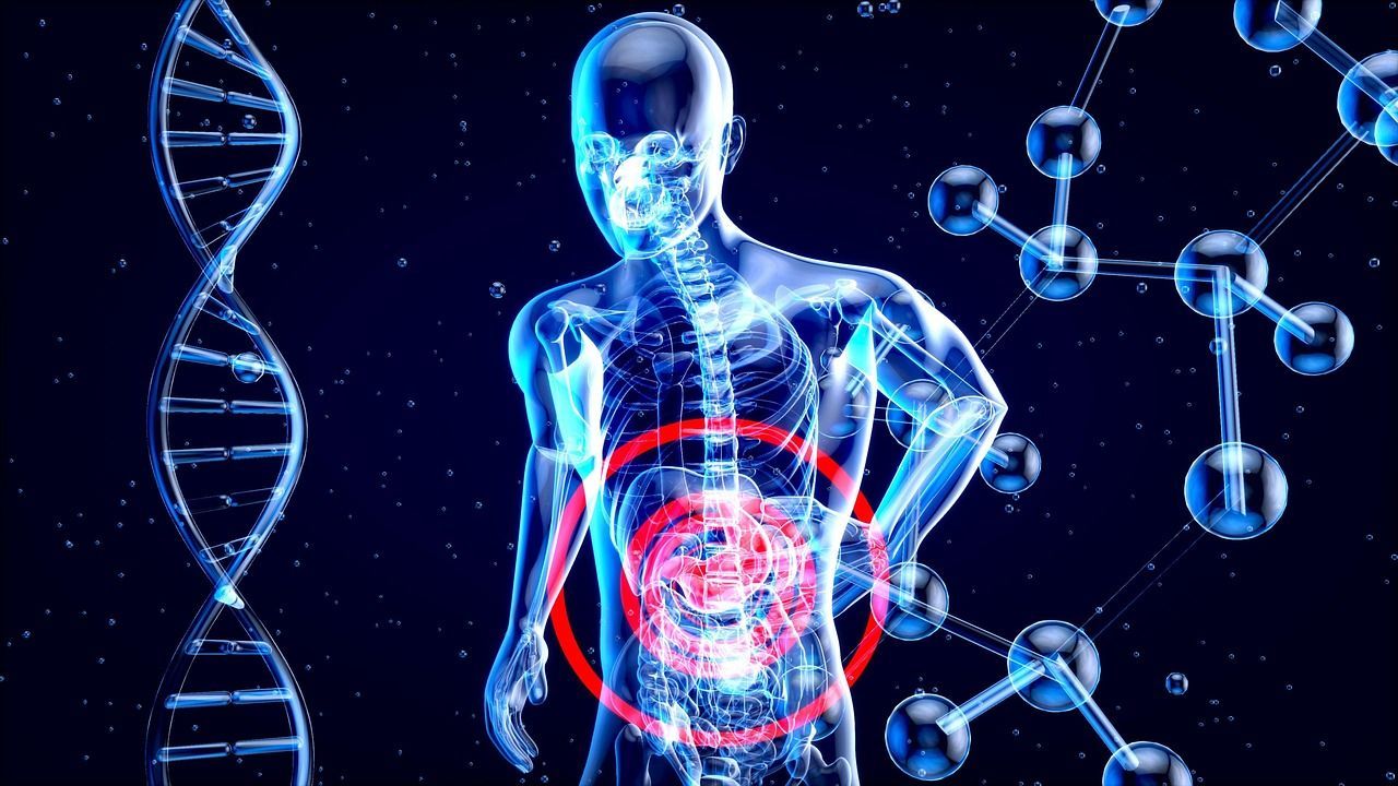A computer generated image of a man 's stomach surrounded by dna and molecules.