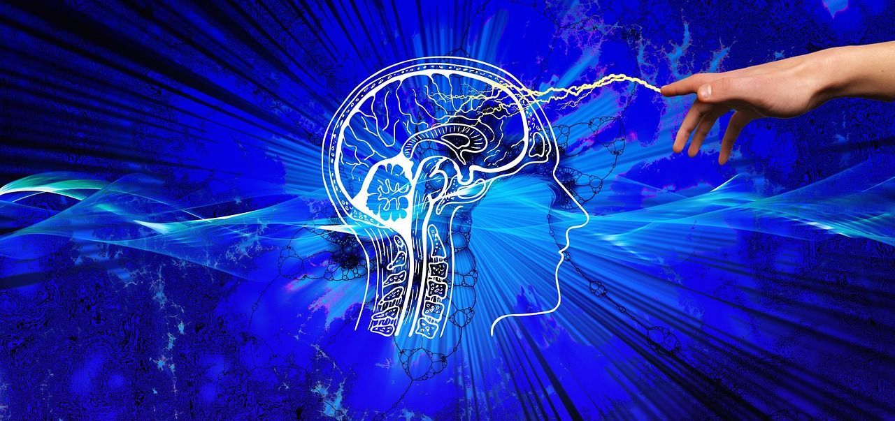 A hand is pointing at a brain on a blue background.