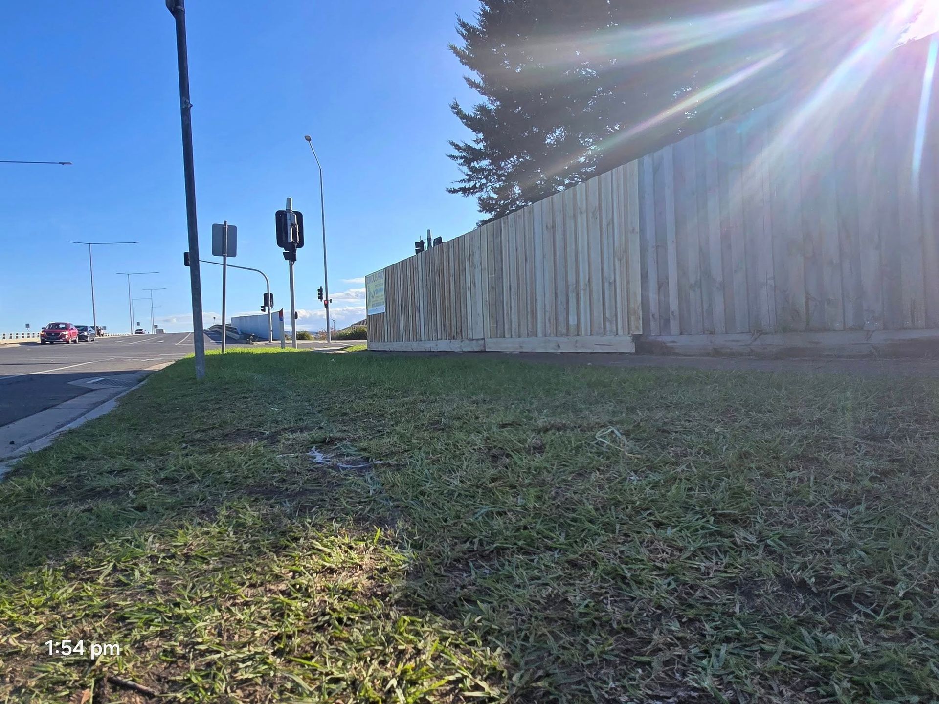 Grassy roadside with wooden fence and road; sunny, blue sky.