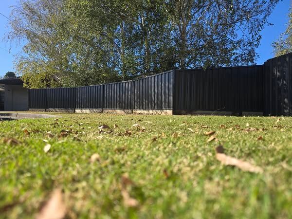 Black wooden fence bordering green grass and fallen leaves, with trees and blue sky in background.