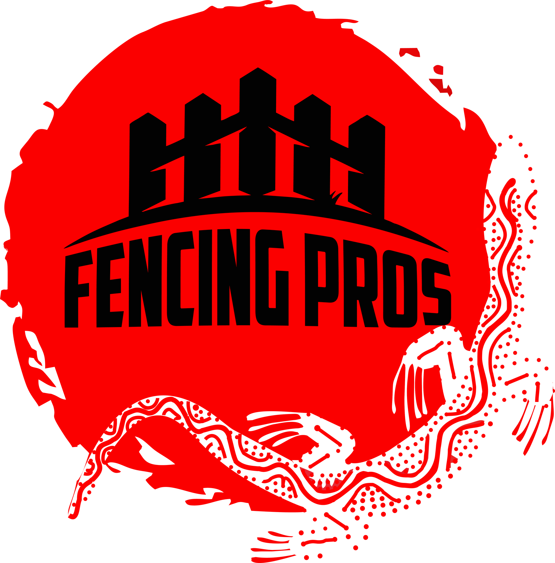 Red circle logo with black fence graphic,