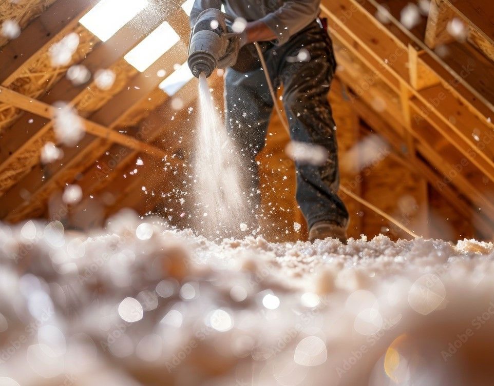 A man is blowing insulation into the attic of a house.
